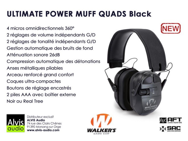 Casque chasse et tir walker's power muff quads Black